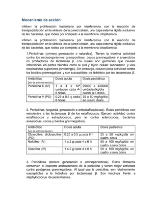 Mecanismo de acción:
inhiben la proliferación bacteriana por interferencia con la reacción de
transpeptidación en la síntesis de la pared celular, una capa externa rígida exclusiva
de las bacterias, que rodea por completo a la membrana citoplásmica
inhiben la proliferación bacteriana por interferencia con la reacción de
transpeptidación en la síntesis de la pared celular, una capa externa rígida exclusiva
de las bacterias, que rodea por completo a la membrana citoplásmica
1.Penicilinas (primera generación o naturales). Tienen la máxima actividad
contra los microorganismos grampositivos, cocos gramnegativos y anaerobios
no productores de lactamasa β. Los cuales son germenes que causan
infecciones en partes blandas como la piel y tejido celular subcutaneo y vias
respiratorias superiores (orofaringe). Sin embargo, poseen poca actividad contra
los bacilos gramnegativos y son susceptibles de hidrólisis por las lactamasas β.
Antibiótico
(vía de administración)
Dosis adulta Dosis pediátrica
Penicilina G (IV) 1 a 4 x 10⁶
unidades cada 4-
6 horas.
25000 a 400000
unidades/kg/dia
cuatro a 6 dosis
Penicilina V (PO) 0.25 a 0.5 g cada
6 horas
25 a 50 mg/kg/día
en cuatro dosis
2. Penicilinas (segunda generación o antiestafilocócicas). Estas penicilinas son
resistentes a las lactamasas β de los estafilococos. Ejercen actividad contra
estafilococos y estreptococos, pero no contra enterococos, bacterias
anaerobias, cocos y bacilos gramnegativos.
Antibiótico
(vía de administración)
Dosis adulta Dosis pediátrica
Cloxacilina, dicloxacilina
(PO)
0.25 a 0.5 g cada 6 h 25 a 50 mg/kg/día en
cuatro dosis
Nafcilina (IV) 1 a 2 g cada 4 a 6 h 50 a 100 mg/kg/día en
cuatro a seis dosis
Oxacilina (IV) 1 a 2 g cada 4 a 6 h 50 a 100 mg/kg/día en
cuatro a seis dosis
3. Penicilinas (tercera generación o aminopenicilinas). Estos fármacos
conservan el espectro antibacteriano de la penicilina y tienen mejor actividad
contra patógenos gramnegativos. Al igual que la penicilina, son relativamente
susceptibles a la hidrólisis por lactamasas β. Son inactivas frente a
staphylococcus de penicilinasas.
 