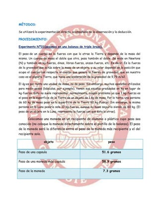 MÉTODOS:

Se utilizará la experimentación directa, acompañada de la observación y la deducción.

PROCEDIMIENTO:

Experimento Nª01(pesamos en una balanza de triple brazo).

El peso de un cuerpo es la fuerza con que lo atrae la Tierra y depende de la masa del
mismo. Un cuerpo de masa el doble que otro, pesa también el doble. Se mide en Newtons
(N) y también en kg-fuerza, dinas, libras-fuerza, onzas-fuerza, etc. Es decir. Es la fuerza
de la gravedad que actúa sobre la masa de un objeto, y su valor depende de la posición que
ocupa el cuerpo con respecto al cuerpo que genera la fuerza de gravedad, que en nuestro
caso es el planeta Tierra, que tiene una aceleración de la gravedad de 9,79 m/s2.

El kg es por tanto una unidad de masa, no de peso. Sin embargo, muchos aparatos utilizados
para medir pesos (básculas, por ejemplo), tienen sus escalas graduadas en kg en lugar de
kg-fuerza. Esto no suele representar, normalmente, ningún problema ya que 1 kg-fuerza es
el peso en la superficie de la Tierra de un objeto de 1 kg de masa. Por lo tanto, una persona
de 60 kg de masa pesa en la superficie de la Tierra 60 kg-Fuerza. Sin embargo, la misma
persona en la Luna pesaría solo 10 kg-fuerza, aunque su masa seguiría siendo de 60 kg. (El
peso de un objeto en la Luna, representa la fuerza con que ésta lo atrae).

       Colocamos una moneda en un recipiente de aluminio o plástico cuyo peso sea
conocido (no coloque la moneda directamente sobre el platillo de la balanza). El peso
de la moneda será la diferencia entre el peso de la moneda más recipiente y el del
recipiente solo.

                   objeto                                           peso


Peso de una capsula                                            51.6 gramos


Peso de una moneda más capsula                                 58.9 gramos


Peso de la moneda                                               7.3 gramos
 
