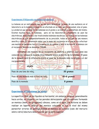 Experimento Nª02(pesado con balanza electrónica).

La balanza es un instrumento que se usa para determinar la masa de una sustancia en el
laboratorio es la balanza.La masa no es afectada en su valor por la gravedad, sino el peso.
La unidad en que se mide en las balanzas es el gramo o un múltiplo o submúltiplo del mismo.
Existen muchos tipos de balanzas,      pero en los laboratorios actualmente se usan las
electrónicas, desplazando a las tradicionales balanzas mecánicas. La ventaja de las balanzas
electrónicas es que independientemente de su precisión, todas se utilizan de una manera
sencilla y clara. Es conveniente saber que la masa del recipiente en el que se va a efectuar
una medida se denomina tara y a la operación de ajustar a cero la lectura de la balanza con
el recipiente incluido se denomina TARAR.

      Colocamos una moneda en un recipiente de aluminio o plástico cuyo peso sea
conocido (no coloque la moneda directamente sobre el platillo de la balanza). El peso
de la moneda será la diferencia entre el peso de la moneda más recipiente y el del
recipiente solo.

                   objeto                                         peso

Peso de una luna de reloj.                                     20 gramos

Peso de una moneda más la luna de reloj.                     20+8 gramos

Peso de la moneda                                              8 gramos




Experimento Nª03(volumen de solido).

La superficie libre de los líquidos es horizontal, sin embargo securva, generalmente
hacia arriba, en contacto con las paredes delrecipiente que los contiene formando
un menisco (meni, del griegoluna) cóncavo, como en el agua. Las lecturas se deben
realizar en laparte inferior del menisco colocando el ojo al nivel del mismo
paraevitar errores de paralaje.Cuando el menisco es convexo (caso del mercurio
sobre vidrio) lalectura debe hacerse por la parte superior.
 
