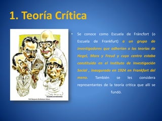 1. Teorí Crí
       a tica
          •   Se conoce como Escuela de Fráncfort (o
              Escuela   de   Frankfurt)    a   un    grupo   de
              investigadores que adherí a las teorí de
                                      an          as
              Hegel, Marx y Freud y cuyo centro estaba
              constituido en el Instituto de Investigación
              Social , inaugurado en 1924 en Frankfort del
              meno.     También      se        les    considera
              representantes de la teorí critica que allí se
                                       a
                                  fundó.
 