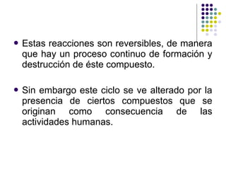  Estasreacciones son reversibles, de manera
 que hay un proceso continuo de formación y
 destrucción de éste compuesto.

 Sin embargo este ciclo se ve alterado por la
 presencia de ciertos compuestos que se
 originan como consecuencia de las
 actividades humanas.
 