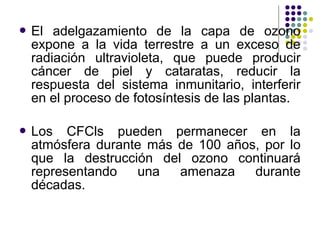  El  adelgazamiento de la capa de ozono
  expone a la vida terrestre a un exceso de
  radiación ultravioleta, que puede producir
  cáncer de piel y cataratas, reducir la
  respuesta del sistema inmunitario, interferir
  en el proceso de fotosíntesis de las plantas.

 Los   CFCls pueden permanecer en la
  atmósfera durante más de 100 años, por lo
  que la destrucción del ozono continuará
  representando   una   amenaza    durante
  décadas.
 