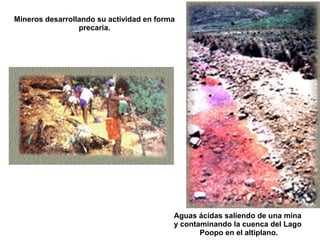 Mineros desarrollando su actividad en forma
                 precaria.




                                          Aguas ácidas saliendo de una mina
                                          y contaminando la cuenca del Lago
                                                 Poopo en el altiplano.
 