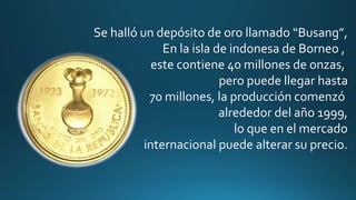 Se halló un depósito de oro llamado “Busang”,
En la isla de indonesa de Borneo ,
este contiene 40 millones de onzas,
pero puede llegar hasta
70 millones, la producción comenzó
alrededor del año 1999,
lo que en el mercado
internacional puede alterar su precio.
 