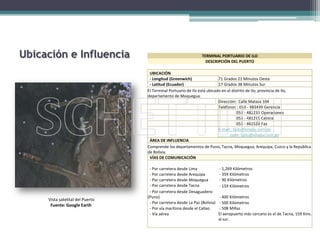 MALECON DE ATRAQUE AL SERVICIO DEL PERU – ARICAEl Muelle peruano de Arica es un muelle que el Perú tiene a su servicio en la bahía de Arica. Este corresponde al muelle 7 del sector 3 de dicha bahía (muelle norte) y se encuentra ubicado en el puerto de Arica. Infraestructura