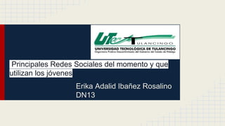 Principales Redes Sociales del momento y que 
utilizan los jóvenes 
Erika Adalid Ibañez Rosalino 
DN13 
 