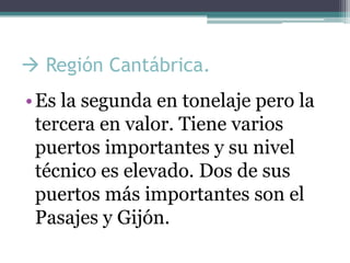  Región Cantábrica.
• Es la segunda en tonelaje pero la
  tercera en valor. Tiene varios
  puertos importantes y su nivel
  técnico es elevado. Dos de sus
  puertos más importantes son el
  Pasajes y Gijón.
 