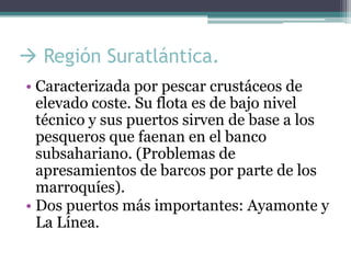  Región Suratlántica.
• Caracterizada por pescar crustáceos de
  elevado coste. Su flota es de bajo nivel
  técnico y sus puertos sirven de base a los
  pesqueros que faenan en el banco
  subsahariano. (Problemas de
  apresamientos de barcos por parte de los
  marroquíes).
• Dos puertos más importantes: Ayamonte y
  La Línea.
 