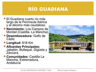 RÍO GUADIANA
El Guadiana cuarto río más
largo de la Península Ibérica
y el décimo más caudaloso.
Nacimiento: Los Campos de
Montiel (Castilla- La Mancha)
Desembocadura: Golfo de
Cádiz
Longitud: 818 Km
Afluentes Principales:
Jabalón, Bullaque, Gigüela y
Záncara.
Comunidades: Castilla La
Mancha, Extremadura,
Andalucía
CC.SS. GEOGRAFÍA E HISTORIA 1º ESO Alfonso Espejo Rodríguez
 