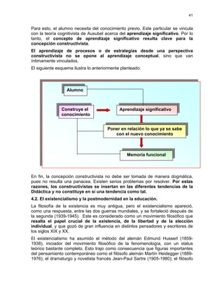 41
Para esto, el alumno necesita del conocimiento previo. Este particular se vincula
con la teoría cognitivista de Ausubel acerca del aprendizaje significativo. Por lo
tanto, el concepto de aprendizaje significativo resulta clave para la
concepción constructivista.
El aprendizaje de procesos o de estrategias desde una perspectiva
constructivista no se opone al aprendizaje conceptual, sino que van
íntimamente vinculados.
El siguiente esquema ilustra lo anteriormente planteado:
Alumno
Construye el
conocimiento
Aprendizaje significativo
Poner en relación lo que ya se sabe
con el nuevo conocimiento
Memoria funcional
En fin, la concepción constructivista no debe ser tomada de manera dogmática,
pues no resulta una panacea. Existen serios problemas por resolver. Por estas
razones, los constructivistas se insertan en las diferentes tendencias de la
Didáctica y no constituye en sí una tendencia como tal.
4.2. El existencialismo y la postmodernidad en la educación.
La filosofía de la existencia es muy antigua, pero el existencialismo apareció,
como una respuesta, entre las dos guerras mundiales, y se fortaleció después de
la segunda (1939-1945). Este es considerado como un movimiento filosófico que
resalta el papel crucial de la existencia, de la libertad y de la elección
individual, y que gozó de gran influencia en distintos pensadores y escritores de
los siglos XIX y XX.
El existencialismo ha asumido el método del alemán Edmund Husserl (1859-
1938), iniciador del movimiento filosófico de la fenomenología, con un status
teórico bastante completo. Esto trajo como consecuencia que figuras importantes
del pensamiento contemporáneo como el filósofo alemán Martín Heidegger (1889-
1976); el dramaturgo y novelista francés Jean-Paul Sartre (1905-1980); el filósofo
 