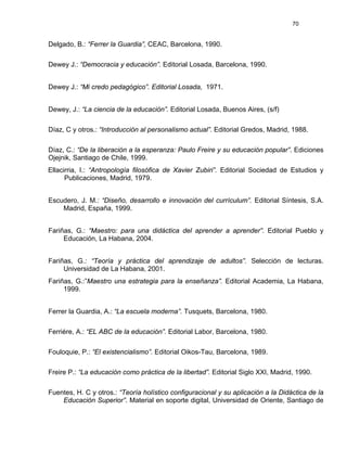 70
Delgado, B.: “Ferrer la Guardia”, CEAC, Barcelona, 1990.
Dewey J.: “Democracia y educación”. Editorial Losada, Barcelona, 1990.
Dewey J.: “Mi credo pedagógico”. Editorial Losada, 1971.
Dewey, J.: “La ciencia de la educación”. Editorial Losada, Buenos Aires, (s/f)
Díaz, C y otros.: “Introducción al personalismo actual”. Editorial Gredos, Madrid, 1988.
Díaz, C.: “De la liberación a la esperanza: Paulo Freire y su educación popular”. Ediciones
Ojejnik, Santiago de Chile, 1999.
Ellacirria, I.: “Antropología filosófica de Xavier Zubiri”. Editorial Sociedad de Estudios y
Publicaciones, Madrid, 1979.
Escudero, J. M.: “Diseño, desarrollo e innovación del currículum”. Editorial Síntesis, S.A.
Madrid, España, 1999.
Fariñas, G.: “Maestro: para una didáctica del aprender a aprender”. Editorial Pueblo y
Educación, La Habana, 2004.
Fariñas, G.: “Teoría y práctica del aprendizaje de adultos”. Selección de lecturas.
Universidad de La Habana, 2001.
Fariñas, G.:”Maestro una estrategia para la enseñanza”. Editorial Academia, La Habana,
1999.
Ferrer la Guardia, A.: “La escuela moderna”. Tusquets, Barcelona, 1980.
Ferriére, A.: “EL ABC de la educación”. Editorial Labor, Barcelona, 1980.
Fouloquie, P.: “El existencialismo”. Editorial Oikos-Tau, Barcelona, 1989.
Freire P.: “La educación como práctica de la libertad”. Editorial Siglo XXI, Madrid, 1990.
Fuentes, H. C y otros.: “Teoría holístico configuracional y su aplicación a la Didáctica de la
Educación Superior”. Material en soporte digital, Universidad de Oriente, Santiago de
 