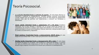 Teoría Psicosocial.
• 12 a 18 años Identidad frente a confusión de papeles. En esta etapa afirman su
identidad y exploran la independencia. También pueden sentirse confundidos
cuando sienten que no encajan en su grupo social. En esta etapa los adolecentes
asumen roles que les permite vivir experiencias y conocer sus fortalezas y
debilidades.
• Joven adulto Intimidad frente a aislamiento (17 a 40 años) Establece
relaciones con el sexo opuesto y también con un grupo social que pueden ser
compañeros de estudios o trabajo. Esta etapa esta basada en la anterior pues una
pobre identidad no le permitirá establecer buenas relaciones interpersonales lo que
lo conlleva al aislamiento y depresión.
• Edad mediana Creatividad frente a estancamiento (40-65 años). En esta
etapa se busca desarrollar o crear cosas que perdurarán más allá de ellos.
• Adultez tardía Integridad frente a desesperación (65 a más). En esta etapa
se evalúan los logros en el trabajo, vida académica y relaciones de pareja. La actitud
con que se enfrente esta etapa pues no todo ha sido éxito en nuestra vida. Los
escasos logros dejarán la sensación de fracaso que conllevará a la desesperación.
13
 