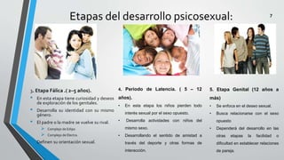 3. Etapa Fálica .( 2–5 años).
• En esta etapa tiene curiosidad y deseos
de exploración de los genitales.
• Desarrolla su identidad con su mismo
género.
• El padre o la madre se vuelve su rival.
 Complejo de Edipo
 Complejo de Electra.
• Definen su orientación sexual.
Etapas del desarrollo psicosexual:
4. Periodo de Latencia. ( 5 – 12
años).
• En esta etapa los niños pierden todo
interés sexual por el sexo opuesto.
• Desarrolla actividades con niños del
mismo sexo.
• Desarrollando el sentido de amistad a
través del deporte y otras formas de
interacción.
5. Etapa Genital (12 años a
más)
• Se enfoca en el deseo sexual.
• Busca relacionarse con el sexo
opuesto
• Dependerá del desarrollo en las
otras etapas la facilidad o
dificultad en establecer relaciones
de pareja.
7
 