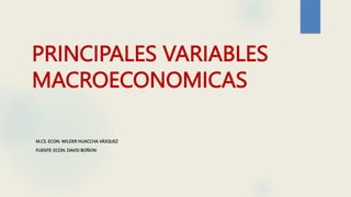 PRINCIPALES VARIABLES
MACROECONOMICAS
M.CS. ECON. WILDER HUACCHA VÁSQUEZ
FUENTE: ECON. DAVID BOÑON
 