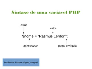 Sintaxe de uma variável PHP
$nome = “Rasmus Lerdorf”;
cifrão
identificador
valor
ponto e vírgula
Lembre-se: Ponto e vírgula, sempre!
 