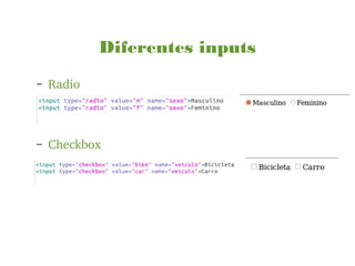 Diferentes inputs
– Radio
– Checkbox
 