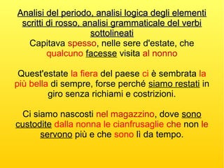 Analisi del periodo, analisi logica degli elementiAnalisi del periodo, analisi logica degli elementi
scritti di rosso, analisi grammaticale del verbiscritti di rosso, analisi grammaticale del verbi
sottolineatisottolineati
Capitava spesso, nelle sere d'estate, che
qualcuno facesse visita al nonno
Quest'estate la fiera del paese ci è sembrata la
più bella di sempre, forse perché siamo restati in
giro senza richiami e costrizioni.
Ci siamo nascosti nel magazzino, dove sono
custodite dalla nonna le cianfrusaglie che non le
servono più e che sono lì da tempo.
 