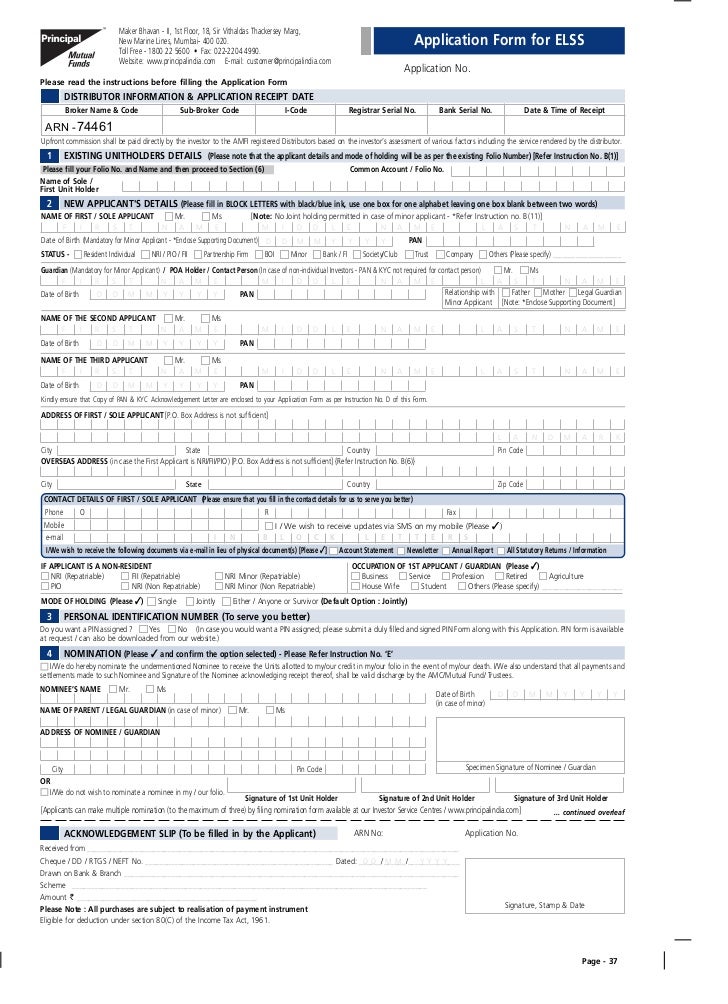 Principal Mutual Fund Common Application Form Elss Funds With Kim