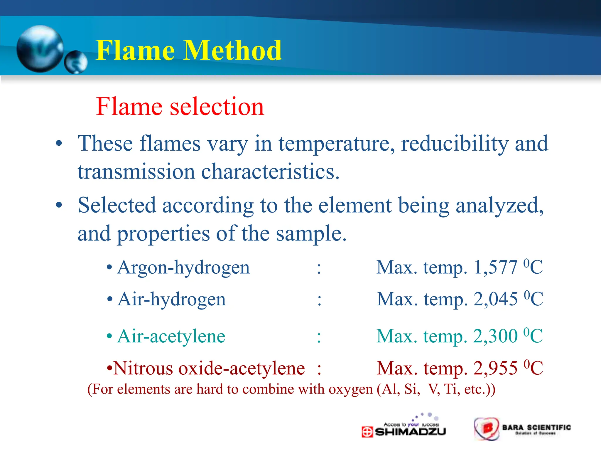 Flame selection
• These flames vary in temperature, reducibility and
transmission characteristics.
• Selected according to the element being analyzed,
and properties of the sample.
Flame Method
• Argon-hydrogen : Max. temp. 1,577 0C
• Air-hydrogen : Max. temp. 2,045 0C
• Air-acetylene : Max. temp. 2,300 0C
•Nitrous oxide-acetylene : Max. temp. 2,955 0C
(For elements are hard to combine with oxygen (Al, Si, V, Ti, etc.))
 