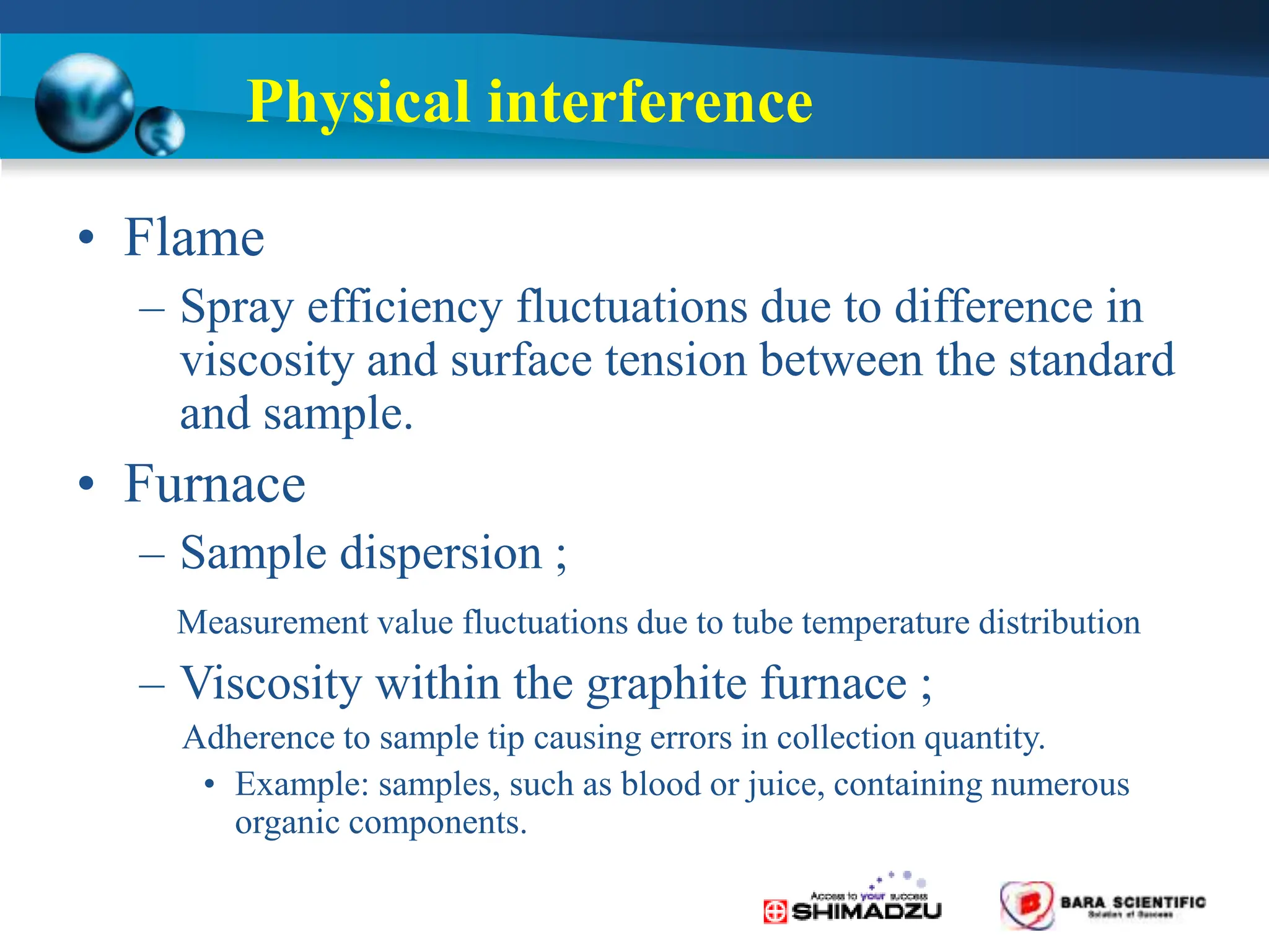 Physical interference
• Flame
– Spray efficiency fluctuations due to difference in
viscosity and surface tension between the standard
and sample.
• Furnace
– Sample dispersion ;
Measurement value fluctuations due to tube temperature distribution
– Viscosity within the graphite furnace ;
Adherence to sample tip causing errors in collection quantity.
• Example: samples, such as blood or juice, containing numerous
organic components.
 