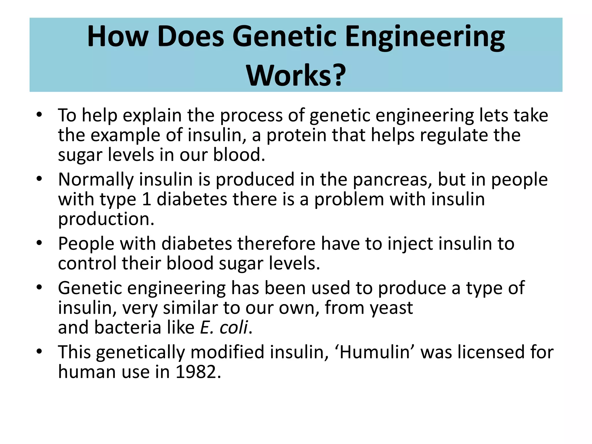 How Does Genetic Engineering
Works?
• To help explain the process of genetic engineering lets take
the example of insulin, a protein that helps regulate the
sugar levels in our blood.
• Normally insulin is produced in the pancreas, but in people
with type 1 diabetes there is a problem with insulin
production.
• People with diabetes therefore have to inject insulin to
control their blood sugar levels.
• Genetic engineering has been used to produce a type of
insulin, very similar to our own, from yeast
and bacteria like E. coli.
• This genetically modified insulin, ‘Humulin’ was licensed for
human use in 1982.
 