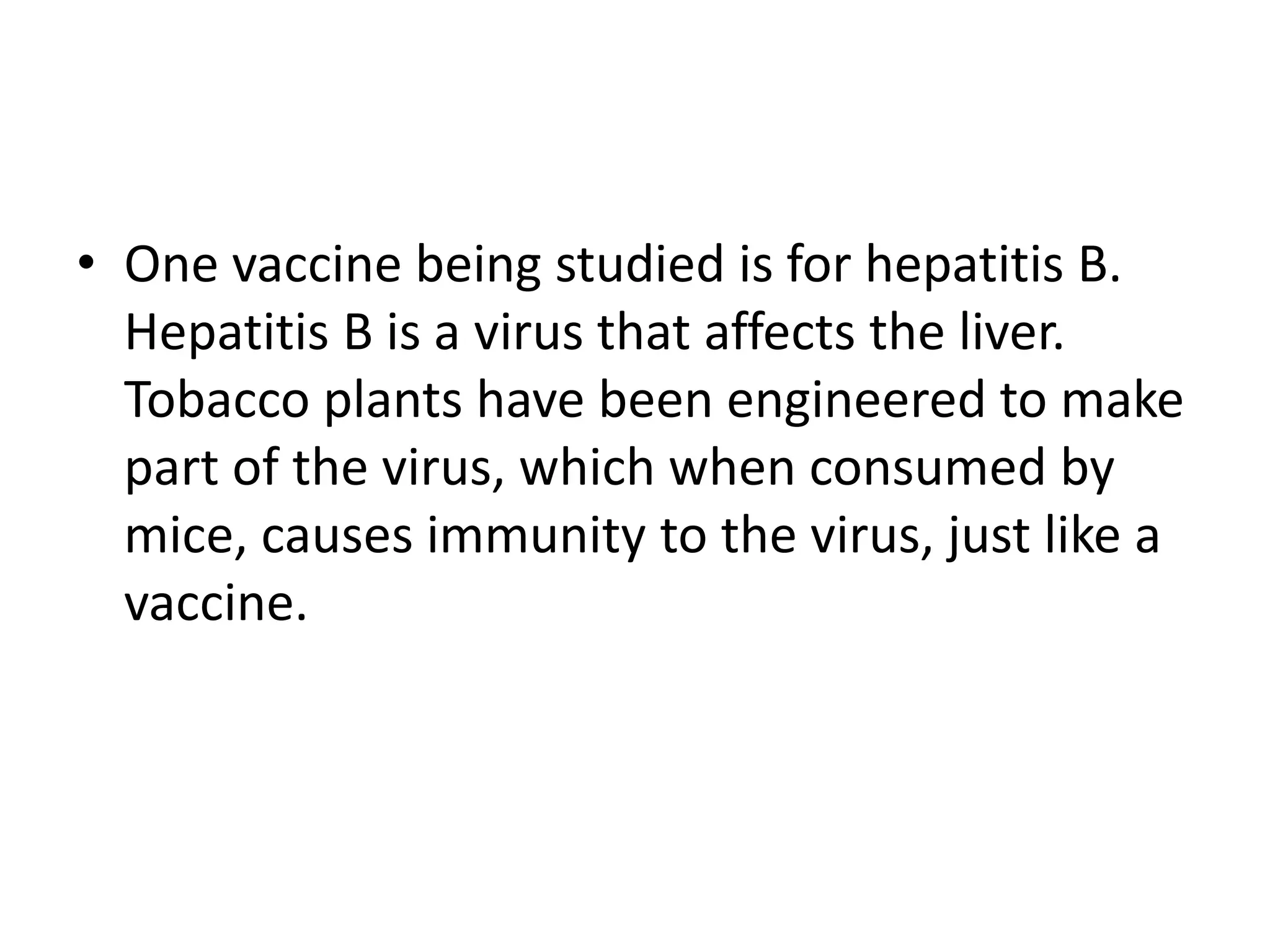 • One vaccine being studied is for hepatitis B.
Hepatitis B is a virus that affects the liver.
Tobacco plants have been engineered to make
part of the virus, which when consumed by
mice, causes immunity to the virus, just like a
vaccine.
 