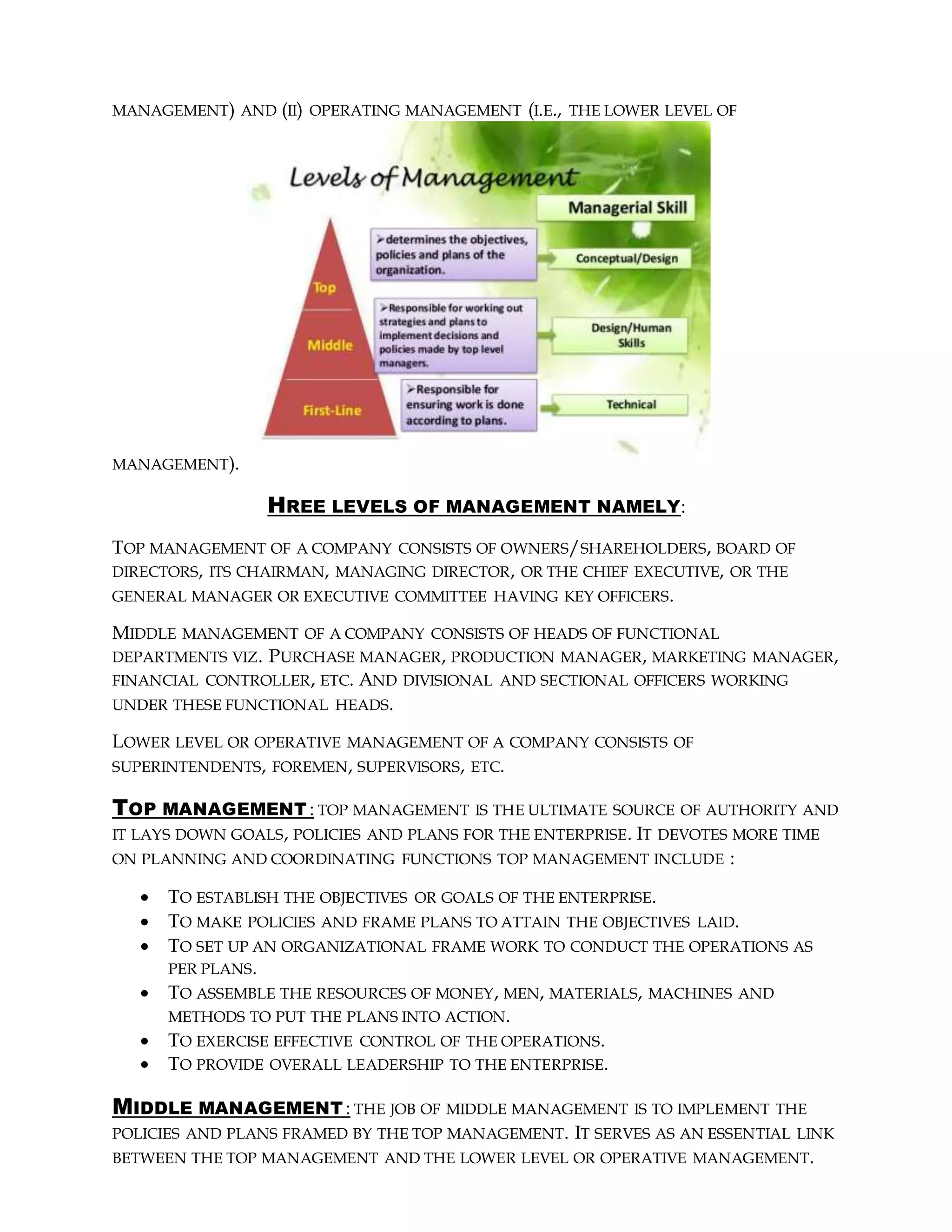 MANAGEMENT) AND (II) OPERATING MANAGEMENT (I.E., THE LOWER LEVEL OF
MANAGEMENT).
HREE LEVELS OF MANAGEMENT NAMELY:
TOP MANAGEMENT OF A COMPANY CONSISTS OF OWNERS/SHAREHOLDERS, BOARD OF
DIRECTORS, ITS CHAIRMAN, MANAGING DIRECTOR, OR THE CHIEF EXECUTIVE, OR THE
GENERAL MANAGER OR EXECUTIVE COMMITTEE HAVING KEY OFFICERS.
MIDDLE MANAGEMENT OF A COMPANY CONSISTS OF HEADS OF FUNCTIONAL
DEPARTMENTS VIZ. PURCHASE MANAGER, PRODUCTION MANAGER, MARKETING MANAGER,
FINANCIAL CONTROLLER, ETC. AND DIVISIONAL AND SECTIONAL OFFICERS WORKING
UNDER THESE FUNCTIONAL HEADS.
LOWER LEVEL OR OPERATIVE MANAGEMENT OF A COMPANY CONSISTS OF
SUPERINTENDENTS, FOREMEN, SUPERVISORS, ETC.
TOP MANAGEMENT : TOP MANAGEMENT IS THE ULTIMATE SOURCE OF AUTHORITY AND
IT LAYS DOWN GOALS, POLICIES AND PLANS FOR THE ENTERPRISE. IT DEVOTES MORE TIME
ON PLANNING AND COORDINATING FUNCTIONS TOP MANAGEMENT INCLUDE :
 TO ESTABLISH THE OBJECTIVES OR GOALS OF THE ENTERPRISE.
 TO MAKE POLICIES AND FRAME PLANS TO ATTAIN THE OBJECTIVES LAID.
 TO SET UP AN ORGANIZATIONAL FRAME WORK TO CONDUCT THE OPERATIONS AS
PER PLANS.
 TO ASSEMBLE THE RESOURCES OF MONEY, MEN, MATERIALS, MACHINES AND
METHODS TO PUT THE PLANS INTO ACTION.
 TO EXERCISE EFFECTIVE CONTROL OF THE OPERATIONS.
 TO PROVIDE OVERALL LEADERSHIP TO THE ENTERPRISE.
MIDDLE MANAGEMENT : THE JOB OF MIDDLE MANAGEMENT IS TO IMPLEMENT THE
POLICIES AND PLANS FRAMED BY THE TOP MANAGEMENT. IT SERVES AS AN ESSENTIAL LINK
BETWEEN THE TOP MANAGEMENT AND THE LOWER LEVEL OR OPERATIVE MANAGEMENT.
 
