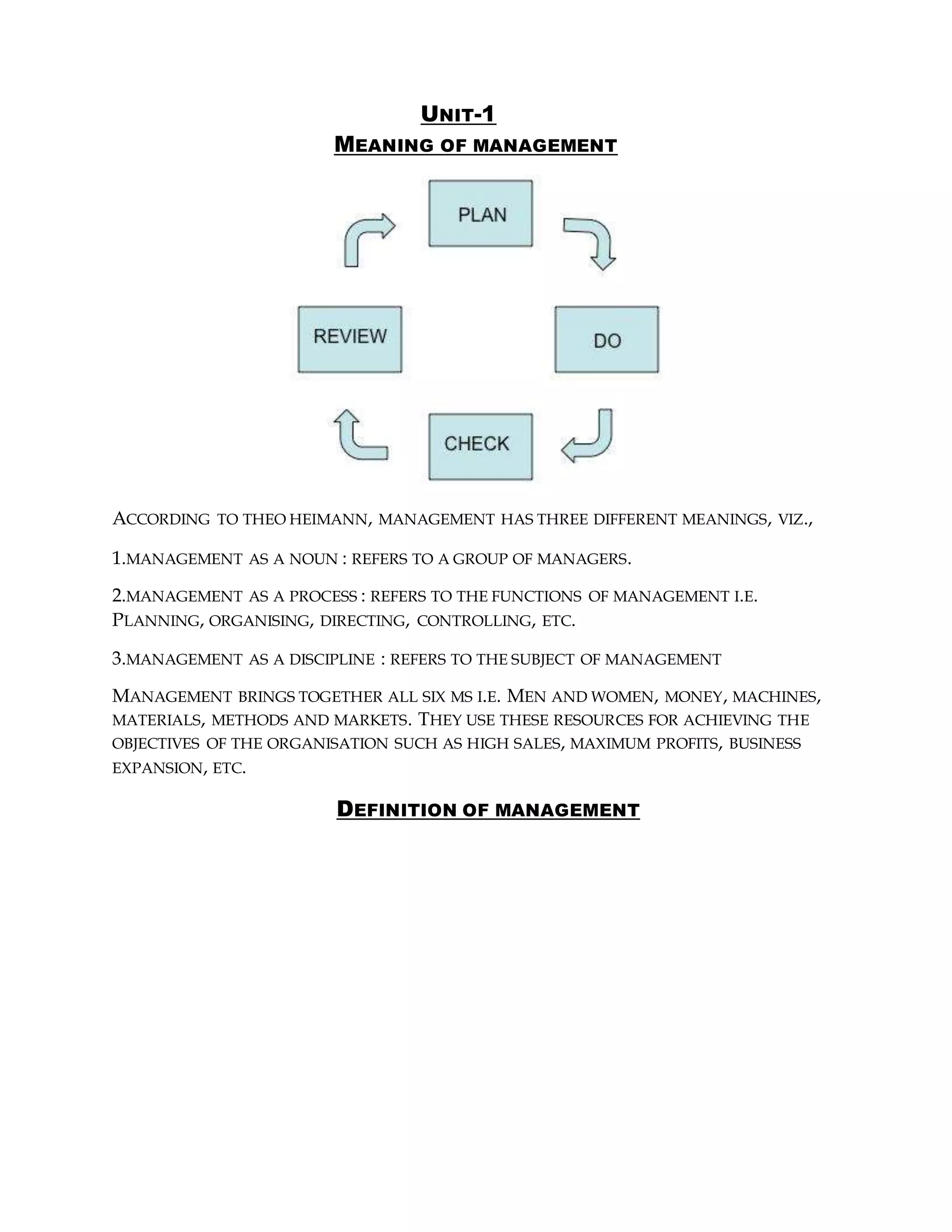 UNIT-1
MEANING OF MANAGEMENT
ACCORDING TO THEO HEIMANN, MANAGEMENT HAS THREE DIFFERENT MEANINGS, VIZ.,
1.MANAGEMENT AS A NOUN : REFERS TO A GROUP OF MANAGERS.
2.MANAGEMENT AS A PROCESS : REFERS TO THE FUNCTIONS OF MANAGEMENT I.E.
PLANNING, ORGANISING, DIRECTING, CONTROLLING, ETC.
3.MANAGEMENT AS A DISCIPLINE : REFERS TO THE SUBJECT OF MANAGEMENT
MANAGEMENT BRINGS TOGETHER ALL SIX MS I.E. MEN AND WOMEN, MONEY, MACHINES,
MATERIALS, METHODS AND MARKETS. THEY USE THESE RESOURCES FOR ACHIEVING THE
OBJECTIVES OF THE ORGANISATION SUCH AS HIGH SALES, MAXIMUM PROFITS, BUSINESS
EXPANSION, ETC.
DEFINITION OF MANAGEMENT
 