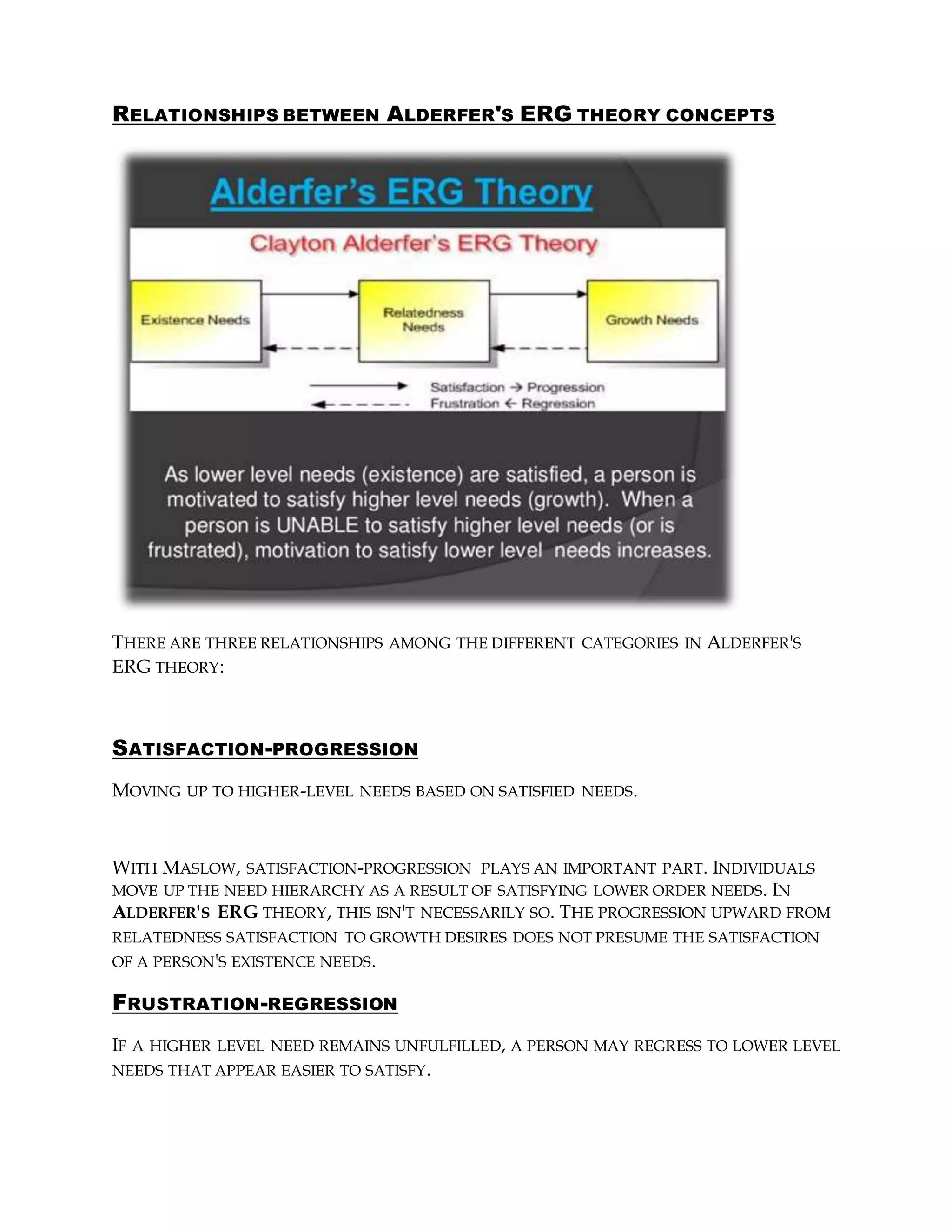 RELATIONSHIPS BETWEEN ALDERFER'S ERG THEORY CONCEPTS
THERE ARE THREE RELATIONSHIPS AMONG THE DIFFERENT CATEGORIES IN ALDERFER'S
ERG THEORY:
SATISFACTION-PROGRESSION
MOVING UP TO HIGHER-LEVEL NEEDS BASED ON SATISFIED NEEDS.
WITH MASLOW, SATISFACTION-PROGRESSION PLAYS AN IMPORTANT PART. INDIVIDUALS
MOVE UP THE NEED HIERARCHY AS A RESULT OF SATISFYING LOWER ORDER NEEDS. IN
ALDERFER'S ERG THEORY, THIS ISN'T NECESSARILY SO. THE PROGRESSION UPWARD FROM
RELATEDNESS SATISFACTION TO GROWTH DESIRES DOES NOT PRESUME THE SATISFACTION
OF A PERSON'S EXISTENCE NEEDS.
FRUSTRATION-REGRESSION
IF A HIGHER LEVEL NEED REMAINS UNFULFILLED, A PERSON MAY REGRESS TO LOWER LEVEL
NEEDS THAT APPEAR EASIER TO SATISFY.
 