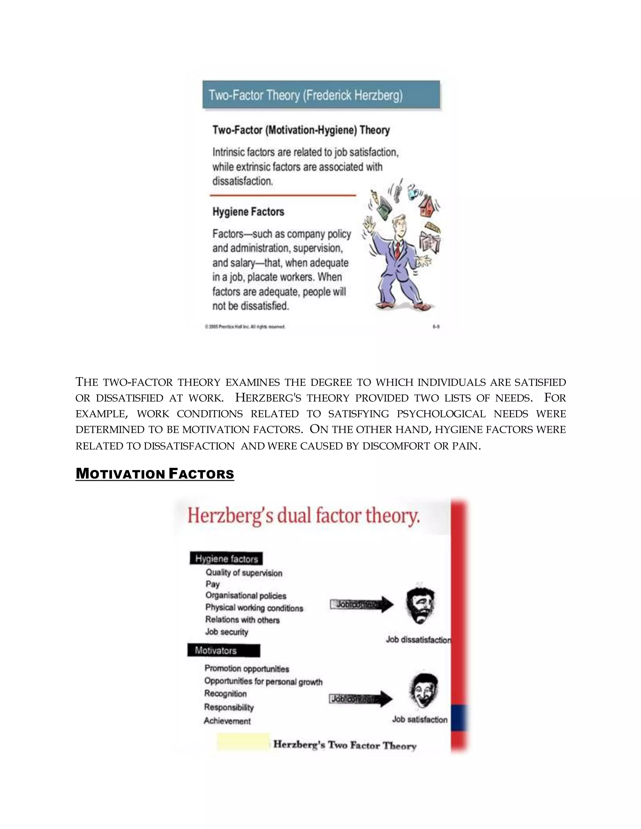 THE TWO-FACTOR THEORY EXAMINES THE DEGREE TO WHICH INDIVIDUALS ARE SATISFIED
OR DISSATISFIED AT WORK. HERZBERG'S THEORY PROVIDED TWO LISTS OF NEEDS. FOR
EXAMPLE, WORK CONDITIONS RELATED TO SATISFYING PSYCHOLOGICAL NEEDS WERE
DETERMINED TO BE MOTIVATION FACTORS. ON THE OTHER HAND, HYGIENE FACTORS WERE
RELATED TO DISSATISFACTION AND WERE CAUSED BY DISCOMFORT OR PAIN.
MOTIVATION FACTORS
 