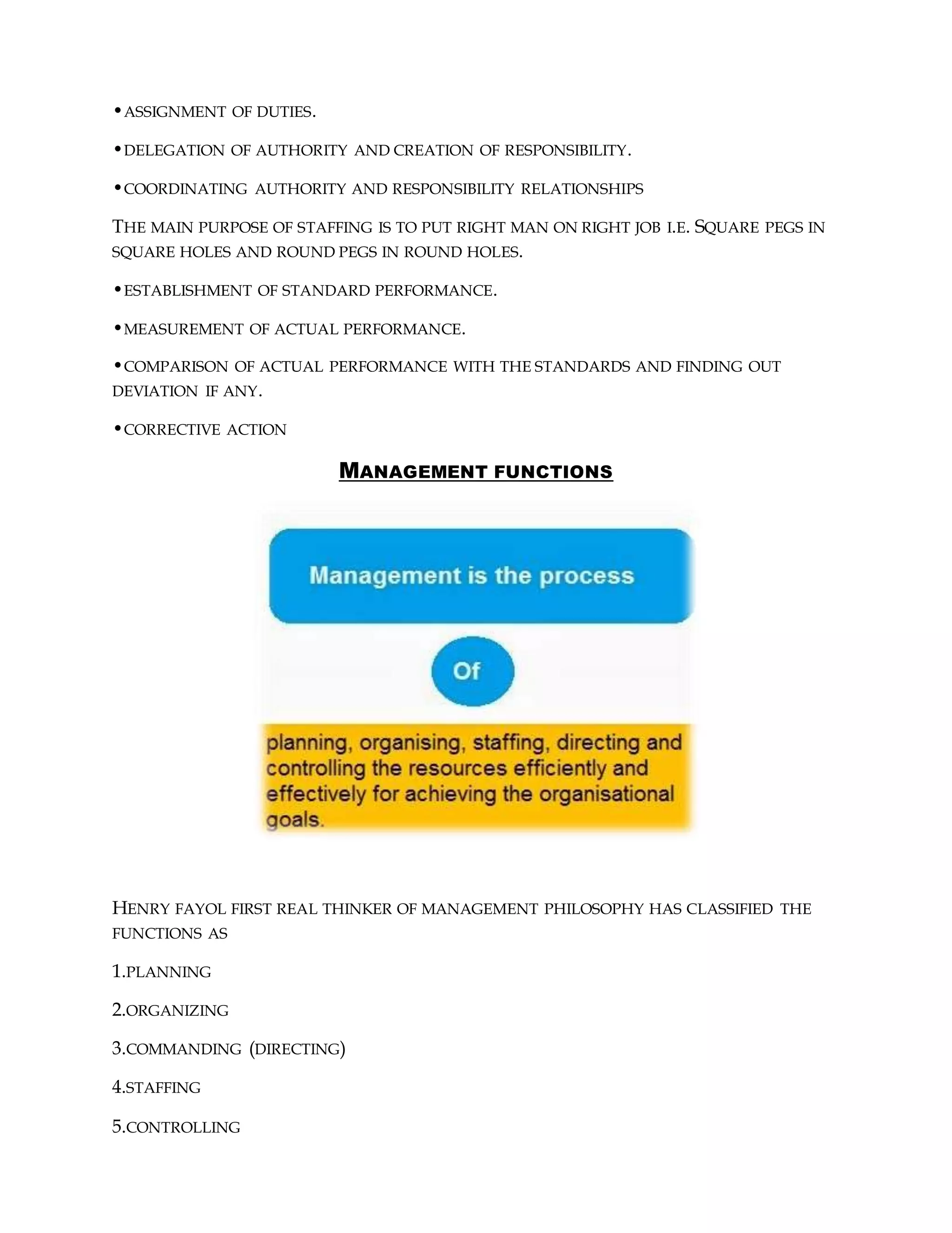 •ASSIGNMENT OF DUTIES.
•DELEGATION OF AUTHORITY AND CREATION OF RESPONSIBILITY.
•COORDINATING AUTHORITY AND RESPONSIBILITY RELATIONSHIPS
THE MAIN PURPOSE OF STAFFING IS TO PUT RIGHT MAN ON RIGHT JOB I.E. SQUARE PEGS IN
SQUARE HOLES AND ROUND PEGS IN ROUND HOLES.
•ESTABLISHMENT OF STANDARD PERFORMANCE.
•MEASUREMENT OF ACTUAL PERFORMANCE.
•COMPARISON OF ACTUAL PERFORMANCE WITH THE STANDARDS AND FINDING OUT
DEVIATION IF ANY.
•CORRECTIVE ACTION
MANAGEMENT FUNCTIONS
HENRY FAYOL FIRST REAL THINKER OF MANAGEMENT PHILOSOPHY HAS CLASSIFIED THE
FUNCTIONS AS
1.PLANNING
2.ORGANIZING
3.COMMANDING (DIRECTING)
4.STAFFING
5.CONTROLLING
 