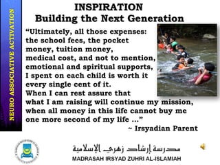 INSPIRATION
“Ultimately, all those expenses:
the school fees, the pocket
money, tuition money,
medical cost, and not to mention,
emotional and spiritual supports,
I spent on each child is worth it
every single cent of it.
When I can rest assure that
what I am raising will continue my mission,
when all money in this life cannot buy me
one more second of my life …”
~ Irsyadian Parent
Building the Next Generation
31/37
NEUROASSOCIATIVEACTIVATION
 