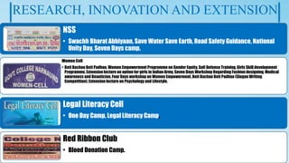 RESEARCH, INNOVATION AND EXTENSION
NSS
• Swachh Bharat Abhiyaan, Save Water Save Earth, Road Safety Guidance, National
Unity Day, Seven Days camp.
Women Cell
• Beti Bachao Beti Padhao, Women Empowerment Programme on Gender Equity, Self Defense Training, Girls Skill development
Programme, Extension lecture on option for girls in Indian Army, Seven Days Workshop Regarding Fashion designing, Medical
awareness and Beautician, Four Days workshop on Women Empowerment, Beti Bachao Beti Padhao (Slogan Writing
Competition), Extension lecture on Psychology and Lifestyle,
Legal Literacy Cell
• One Day Camp, Legal Literacy Camp.
Red Ribbon Club
• Blood Donation Camp.
 