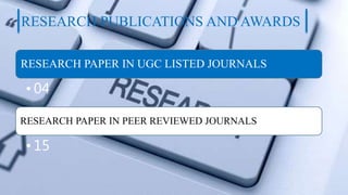 RESEARCH PUBLICATIONS AND AWARDS
RESEARCH PAPER IN UGC LISTED JOURNALS
•04
RESEARCH PAPER IN PEER REVIEWED JOURNALS
•15
 