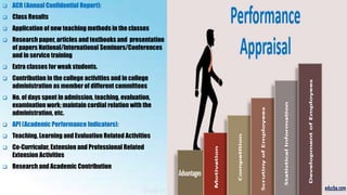  ACR (Annual Confidential Report):
 Class Results
 Application of new teaching methods in the classes
 Research paper, articles and textbooks and presentation
of papers National/International Seminars/Conferences
and in service training
 Extra classes for weak students.
 Contribution in the college activities and in college
administration as member of different committees
 No. of days spent in admission, teaching, evaluation,
examination work; maintain cordial relation with the
administration, etc.
 API (Academic Performance Indicators):
 Teaching, Learning and Evaluation Related Activities
 Co-Curricular, Extension and Professional Related
Extension Activities
 Research and Academic Contribution
 