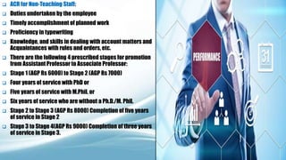  ACR for Non-Teaching Staff:
 Duties undertaken by the employee
 Timely accomplishment of planned work
 Proficiency in typewriting
 Knowledge, and skills in dealing with account matters and
Acquaintances with rules and orders, etc.
 There are the following 4 prescribed stages for promotion
from Assistant Professor to Associate Professor:
 Stage 1 (AGP Rs 6000) to Stage 2 (AGP Rs 7000)
 Four years of service with PhD or
 Five years of service with M.Phil. or
 Six years of service who are without a Ph.D./M. Phil.
 Stage 2 to Stage 3 (AGP Rs 8000) Completion of five years
of service in Stage 2
 Stage 3 to Stage 4(AGP Rs 9000) Completion of three years
of service in Stage 3.
AC
 