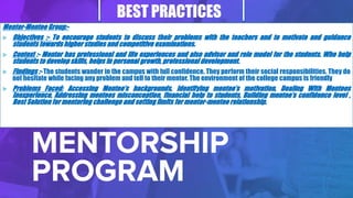 BEST PRACTICES
Mentor-Mentee Group:-
 Objectives :- To encourage students to discuss their problems with the teachers and to motivate and guidance
students towards higher studies and competitive examinations.
 Context :- Mentor has professional and life experiences and also advisor and role model for the students. Who help
students to develop skills, helps in personal growth, professional development.
 Findings :- The students wander in the campus with full confidence. They perform their social responsibilities. They do
not hesitate while facing any problem and tell to their mentor. The environment of the college campus is friendly
 Problems Faced: Accessing Mentee’s backgrounds, Identifying mentee’s motivation, Dealing With Mentees
Inexperience, Addressing mentees misconception, financial help to students, Building mentee’s confidence level ,
Best Solution for mentoring challenge and setting limits for mentor-mentee relationship.
 