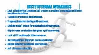  Lack of Auditoriumseminar hall creates a problem in organizing different
functions/Activities.
 Students from rural backgrounds.
 Frequent transfers during mid-sessions.
 Limited funds grants for developing infrastructure.
 Rigid course curriculum designed by the university.
 Lack of ICT facilities in different areas.
 Unavailability of library in each department
Limited industry-academia interactions.
Lack of Research Facility.
 