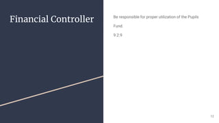 Financial Controller Be responsible for proper utilization of the Pupils
Fund.
9.2.9
12
 