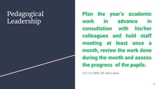 Pedagogical
Leadership
Plan the year’s academic
work in advance in
consultation with his/her
colleagues and hold staff
meeting at least once a
month, review the work done
during the month and assess
the progress of the pupils.
(9.2.13- CBSE Aff. Bye-Laws)
16
 