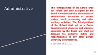 Administrative The Principal/Head of the School shall
not refuse any duty assigned by the
Board in connection with the conduct of
examinations, evaluation of answer
scripts, result processing and other
ancillary activities. The Principal/Head
of the School shall act as a Centre
Superintendent whenever and wherever
appointed by the Board and shall not
delegate his authority, duties and
responsibilities to any other person
under any circumstances.
(9.2.27 - CBSE Aff. Bye-Laws)
30
 