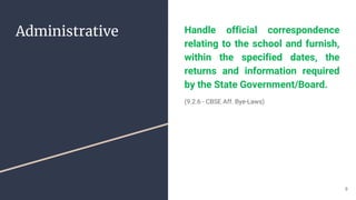 Administrative Handle official correspondence
relating to the school and furnish,
within the specified dates, the
returns and information required
by the State Government/Board.
(9.2.6 - CBSE Aff. Bye-Laws)
9
 