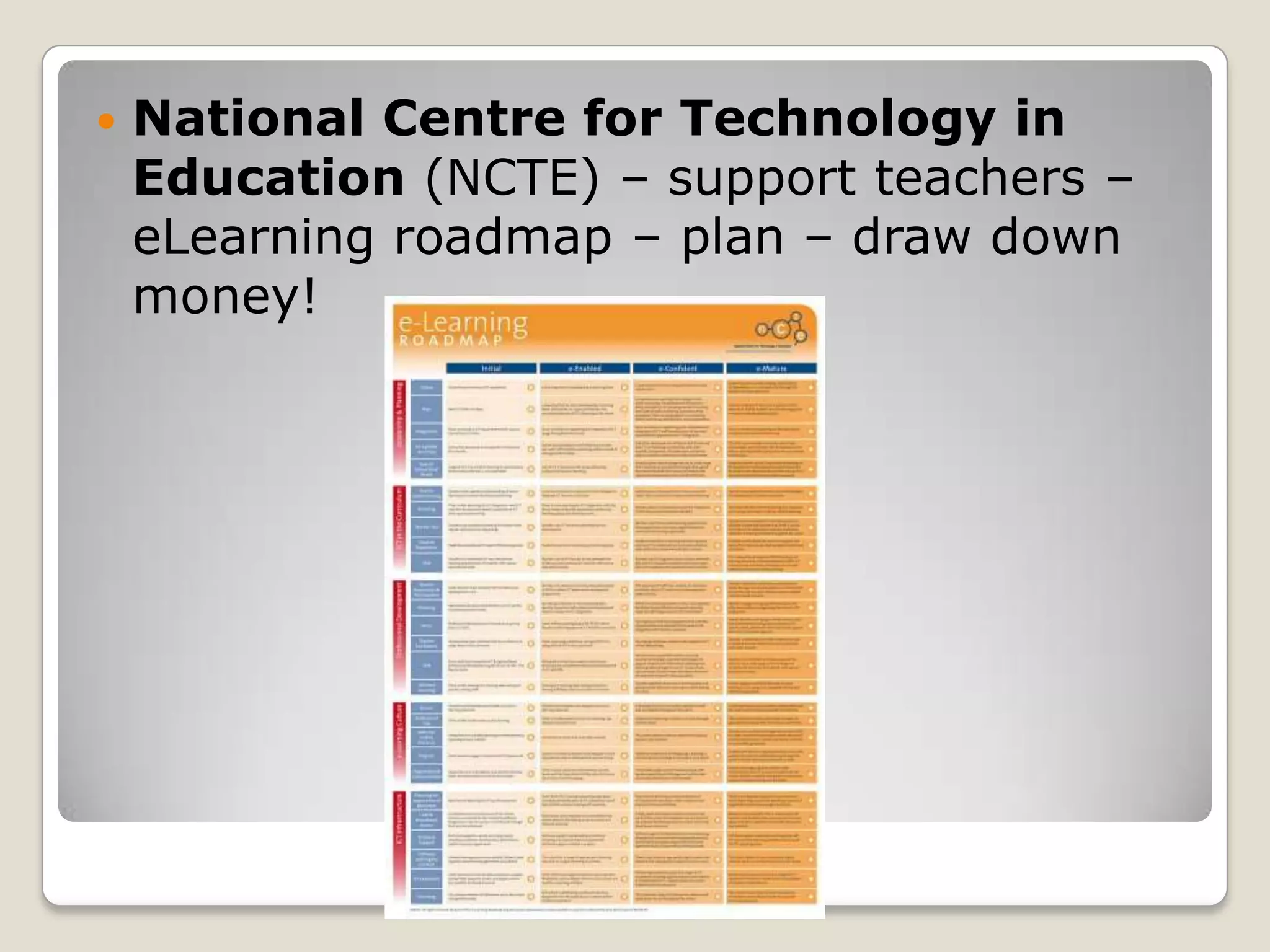 National Centre for Technology in Education (NCTE) – support teachers – eLearning roadmap – plan – draw down money!