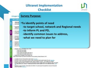 Ultranet Implementation  Checklist Survey Purpose: To identify points of need  -to target school, network and Regional needs -to inform PL and PD,  -identify common issues to address, -what we need to plan for  