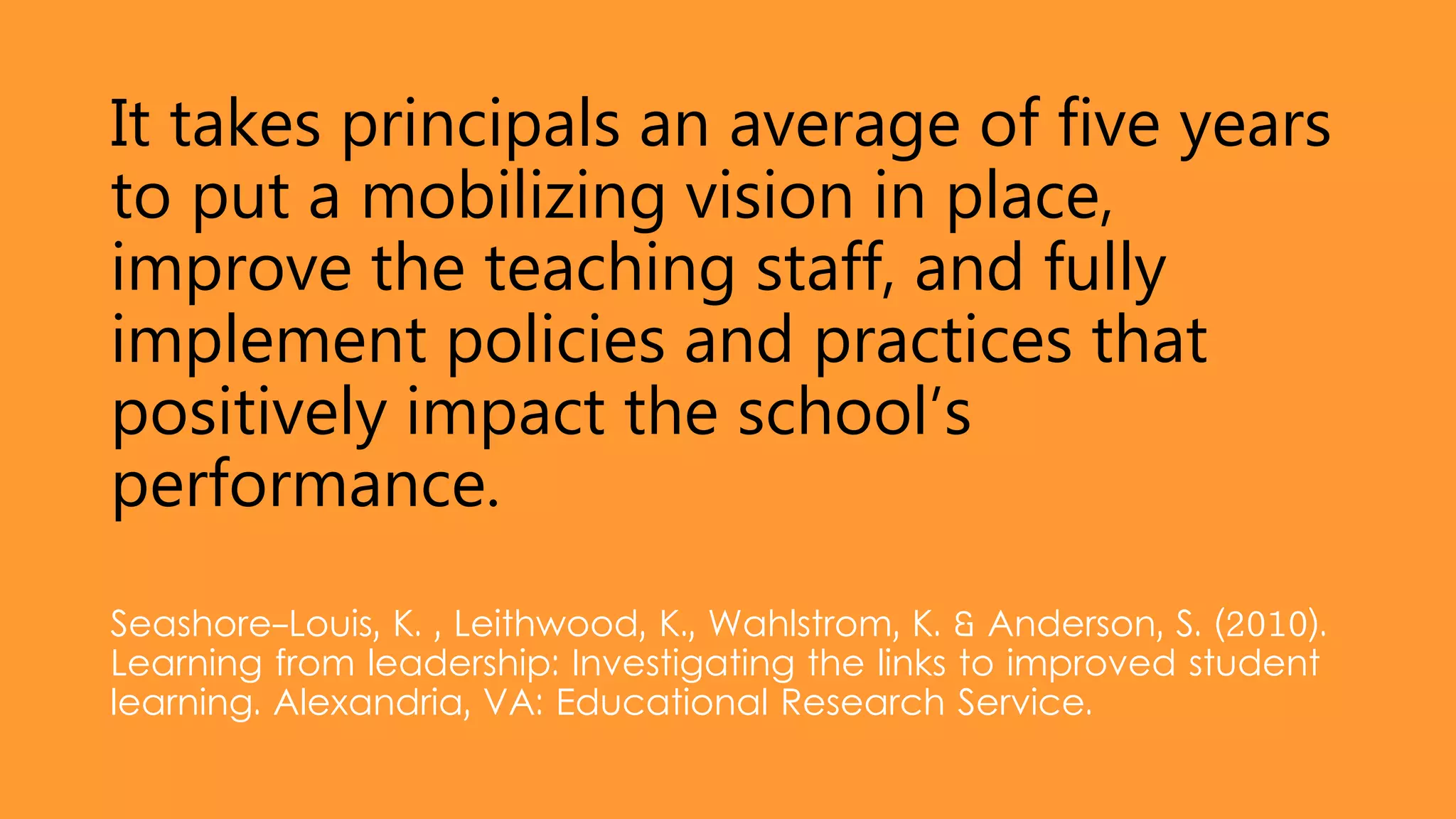 It takes principals an average of five years
to put a mobilizing vision in place,
improve the teaching staff, and fully
implement policies and practices that
positively impact the school’s
performance.
Seashore-Louis, K. , Leithwood, K., Wahlstrom, K. & Anderson, S. (2010).
Learning from leadership: Investigating the links to improved student
learning. Alexandria, VA: Educational Research Service.
 