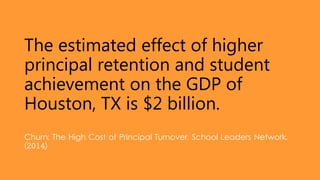 The estimated effect of higher
principal retention and student
achievement on the GDP of
Houston, TX is $2 billion.
Churn: The High Cost of Principal Turnover. School Leaders Network.
(2014)
 