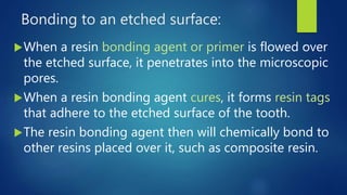 Bonding to an etched surface:
When a resin bonding agent or primer is flowed over
the etched surface, it penetrates into the microscopic
pores.
When a resin bonding agent cures, it forms resin tags
that adhere to the etched surface of the tooth.
The resin bonding agent then will chemically bond to
other resins placed over it, such as composite resin.
 