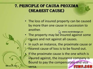 7. Principle of Causa Proxima
                    (Nearest Cause)

                    • The loss of insured property can be caused
                      by more than one cause in succession to
                      another.
                    • The property may be insured against some
                      causes and not against all causes.
                    • In such an instance, the proximate cause or
                      nearest cause of loss is to be found out.
                    • If the proximate cause is the one which is
                      insured against, the insurance company is
                      bound to pay the compensation and vice
February 25, 2013
                      versa.                                  10
 