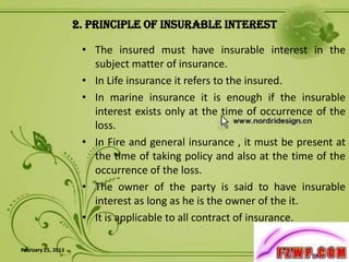 2. Principle of Insurable Interest

                     • The insured must have insurable interest in the
                       subject matter of insurance.
                     • In Life insurance it refers to the insured.
                     • In marine insurance it is enough if the insurable
                       interest exists only at the time of occurrence of the
                       loss.
                     • In Fire and general insurance , it must be present at
                       the time of taking policy and also at the time of the
                       occurrence of the loss.
                     • The owner of the party is said to have insurable
                       interest as long as he is the owner of the it.
                     • It is applicable to all contract of insurance.

February 25, 2013                                                      5
 