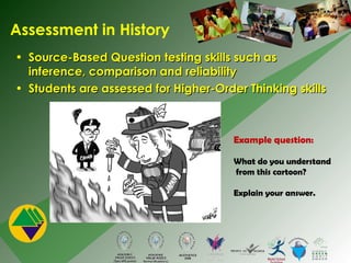 Assessment in History Source-Based Question testing skills such as inference, comparison and reliability Students are assessed for Higher-Order Thinking skills Example question: What do you understand from this cartoon? Explain your answer. 